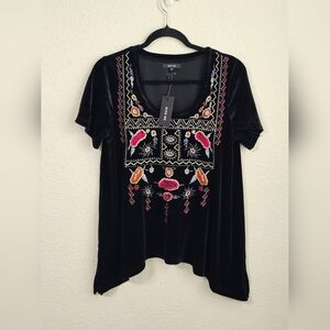 Miss Me Blouse Womens M Scoop Neck Short Sleeve Embroidered Velour Pullover Top